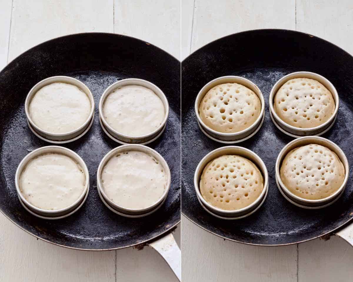 Crumpet batter in the rings and crumpets ready for rings off and to be flipped over.