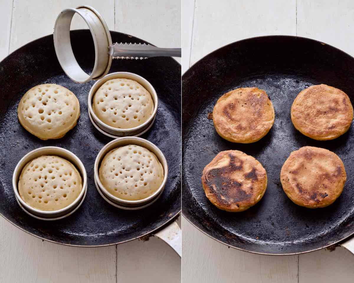 Taking rings off crumpets and crumpets flipped over with cooked bottoms up.