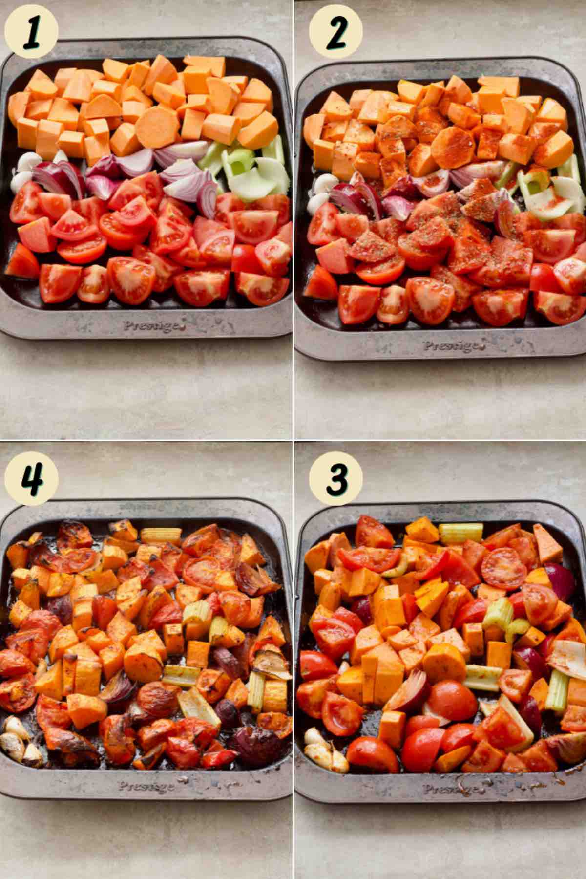 Prepared veggies in a tray before and after roasting.