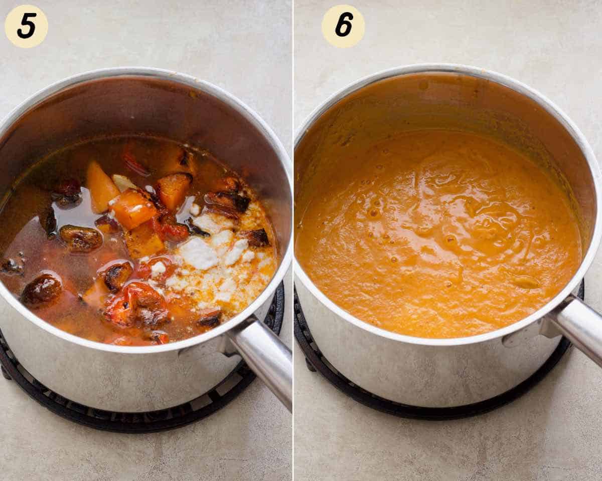 Soup in a pan before and after blending.
