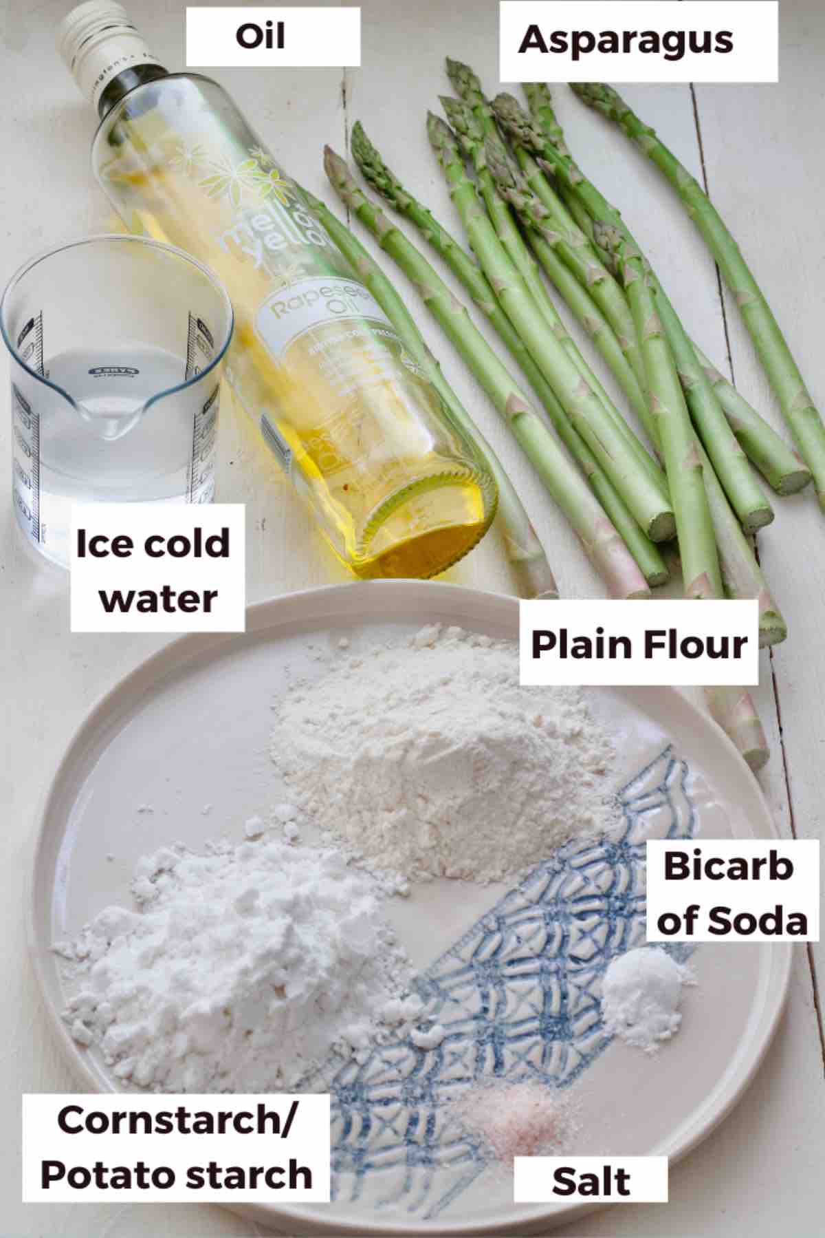 Ingredients for making asparagus tempura.