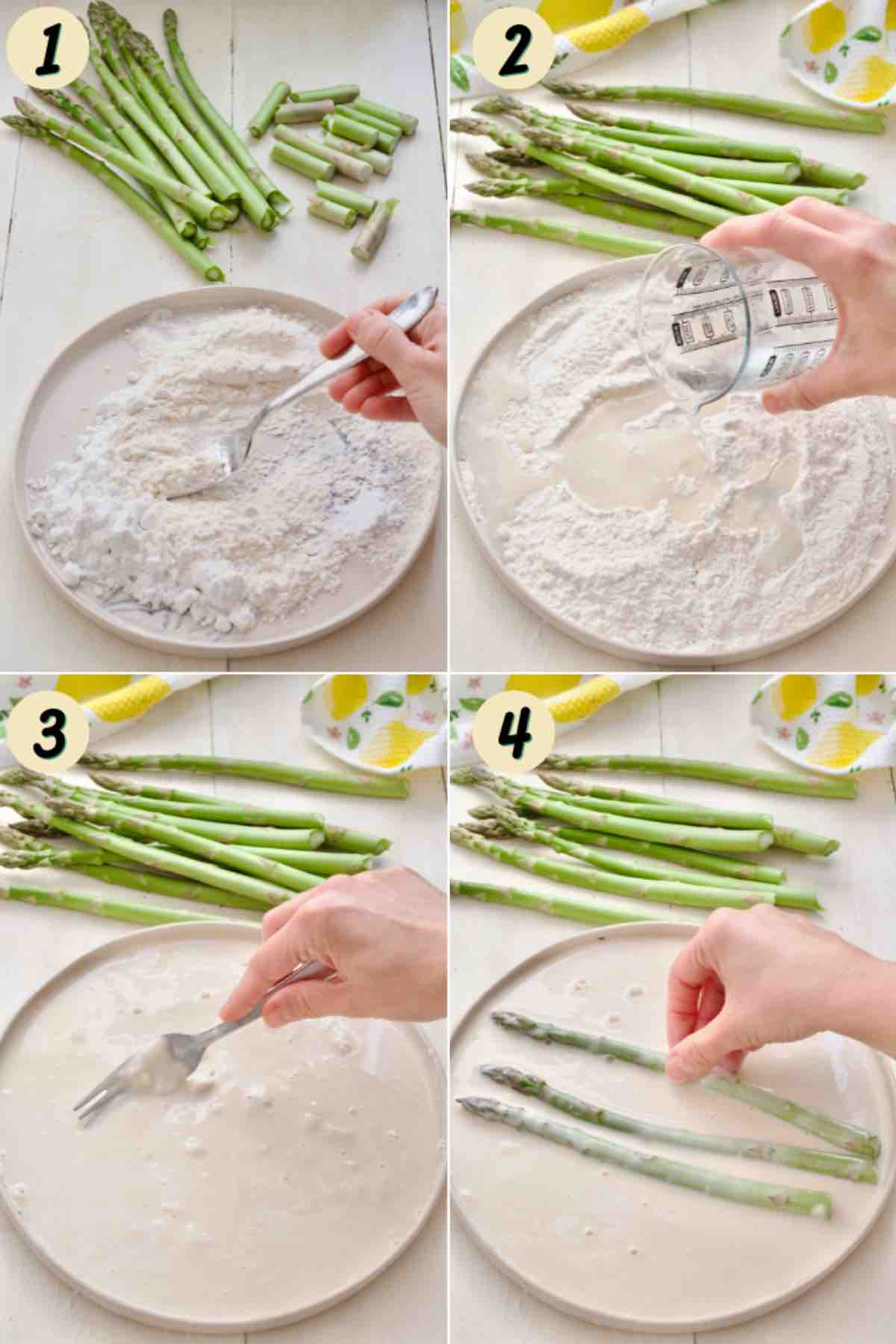 Process of making tempura batter and dipping in asparagus spears.