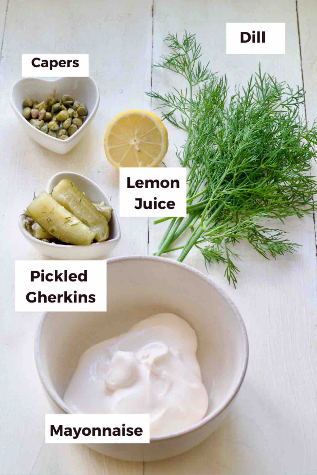Ingredients for making tartare sauce.