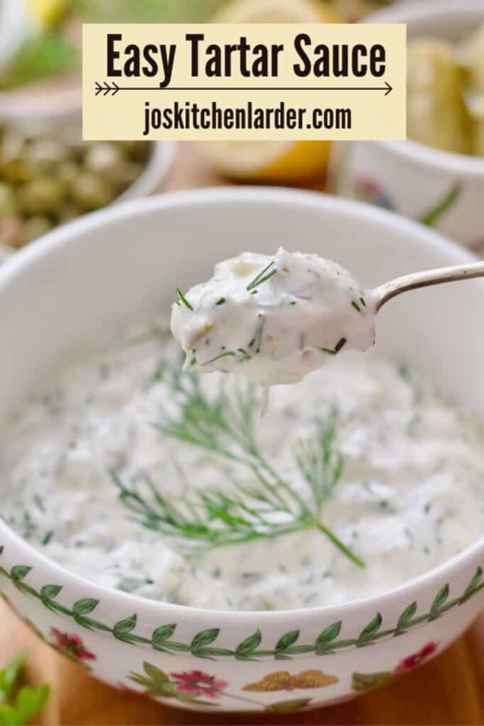 Close up of tartare sauce on a spoon.