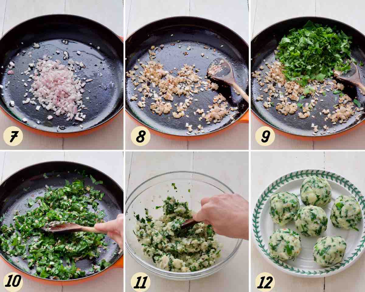 Making wild garlic and potato filling for parathas.