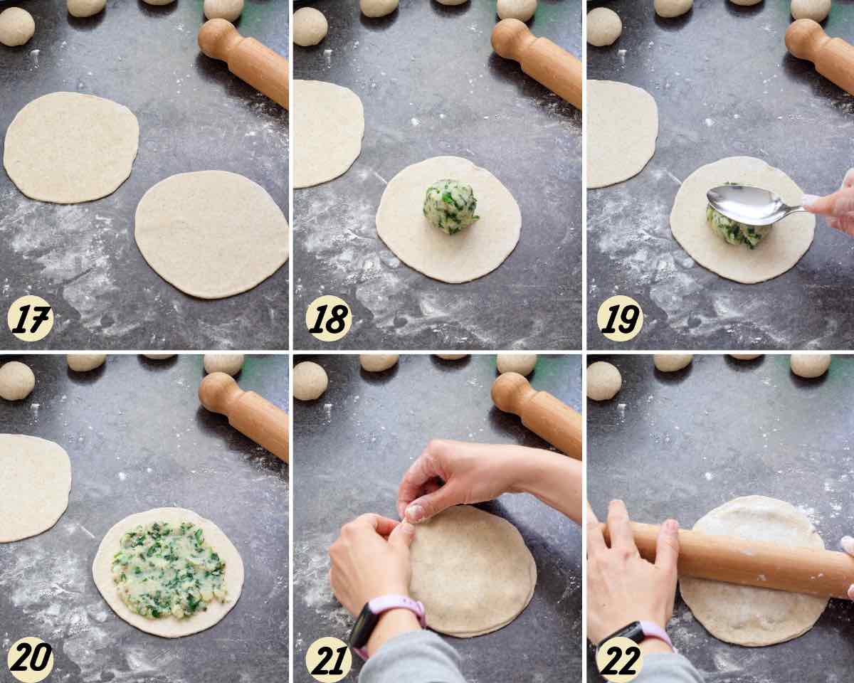 Process of stuffing parathas with wild garlic and potato filling.