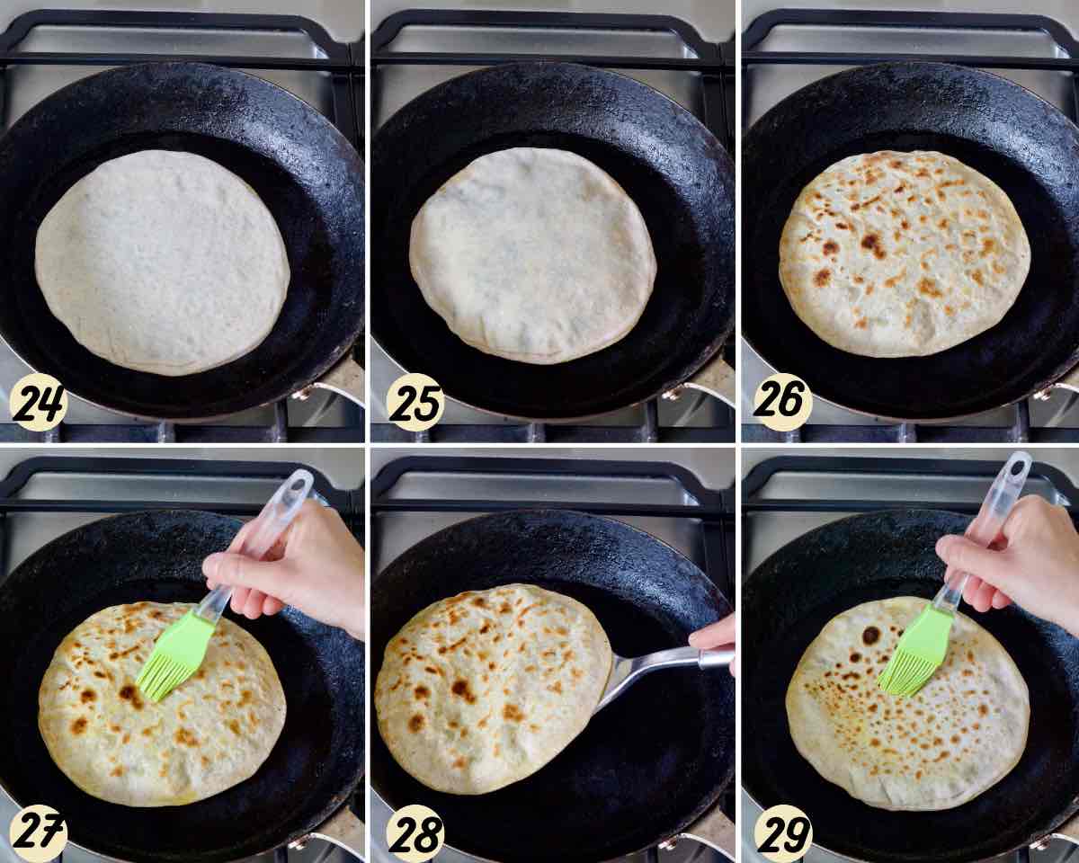 Process of frying parathas in a pan.