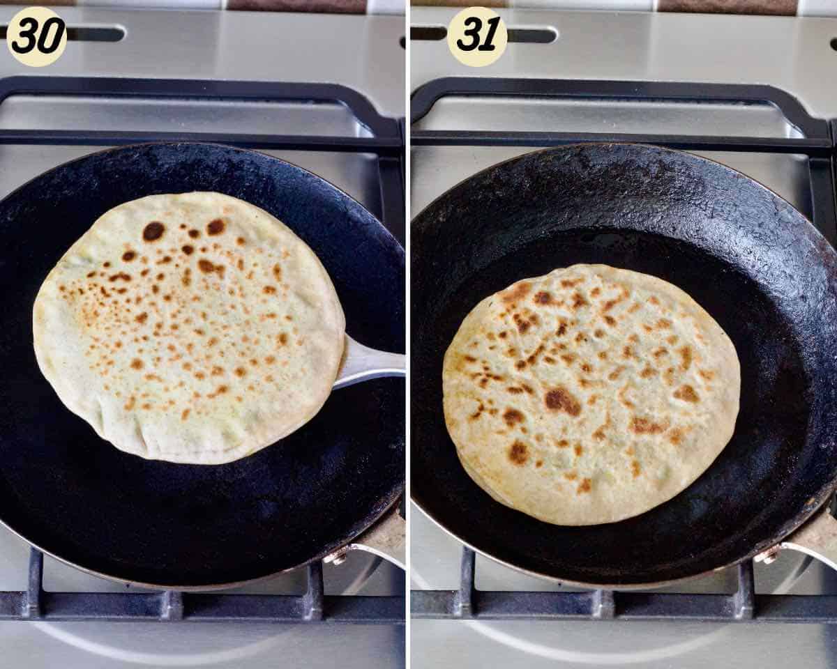 Paratha being flipped last time onto oiled side.