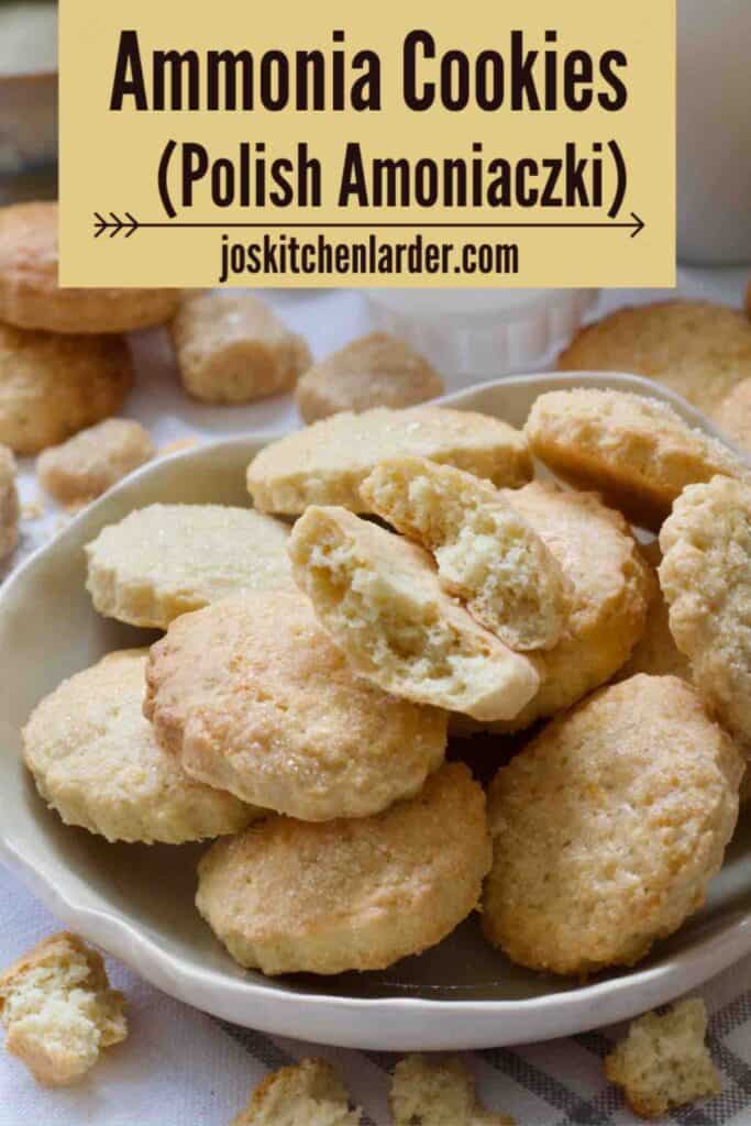 Ammonia cookies on a plate with one cookie snapped in half showing its crumb.