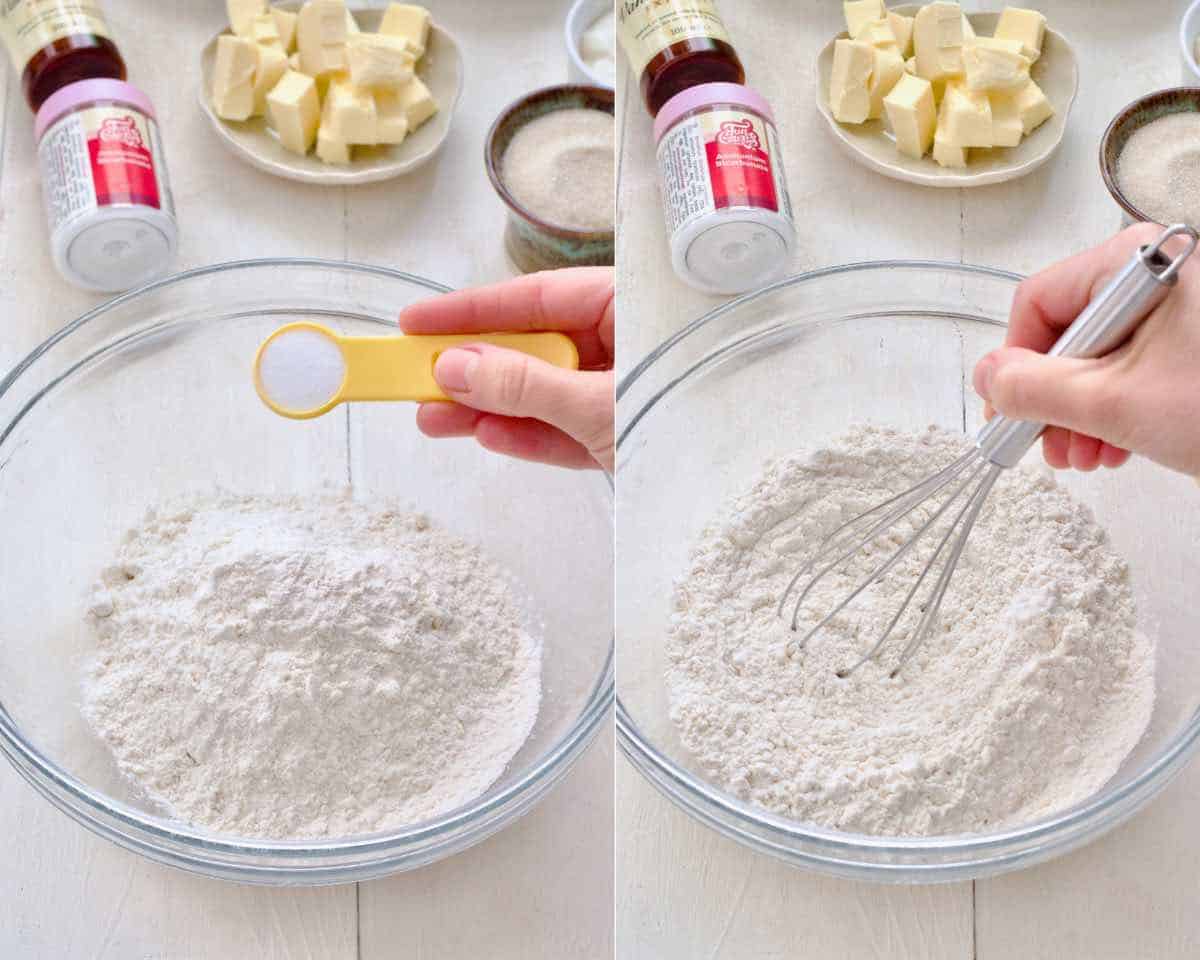 Adding and mixing in baker's ammonia with the flour.