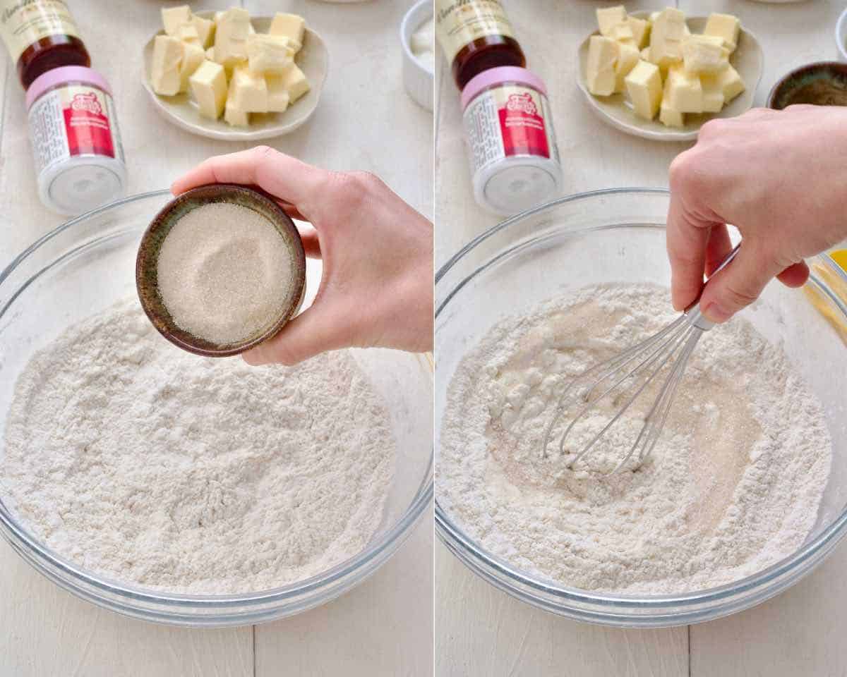 Adding and mixing in caster sugar with the flour.