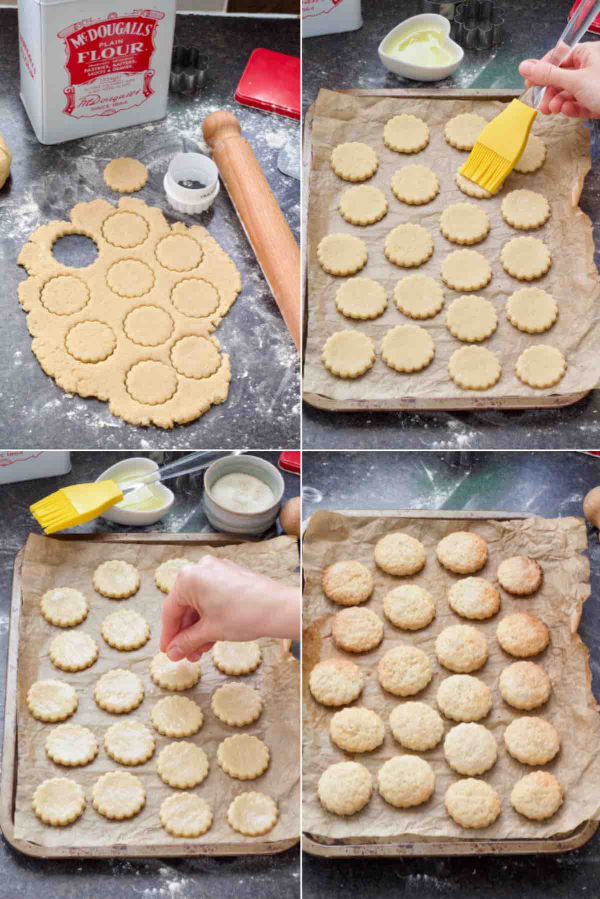 Cutting out cookies, brushing with egg white and sprinkling with sugar before baking on a tray.