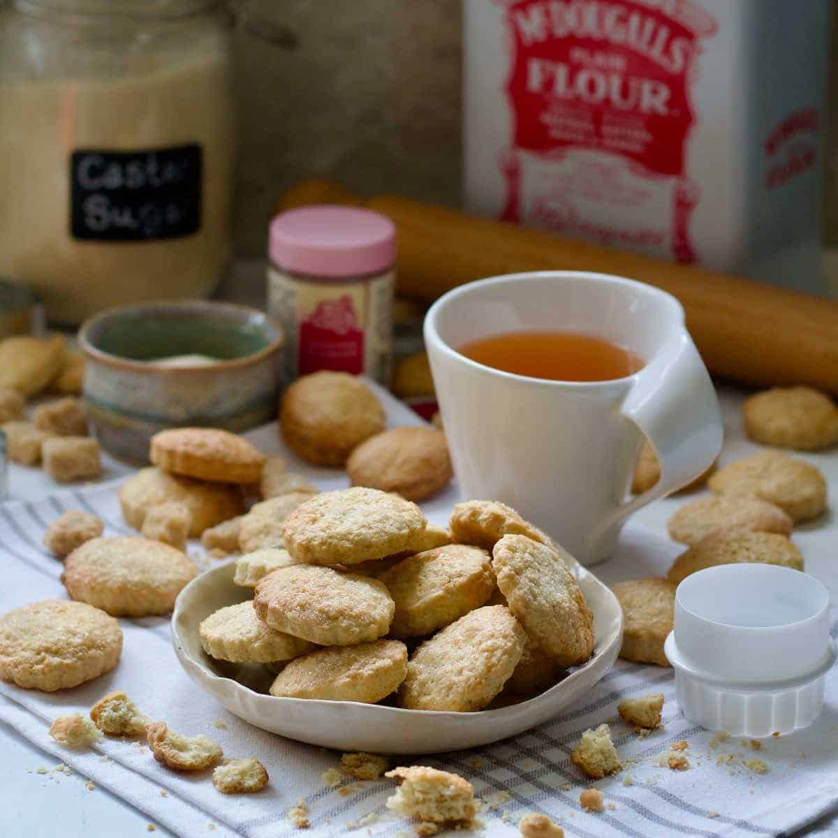Ammonia cookies on a plate and scattered around.