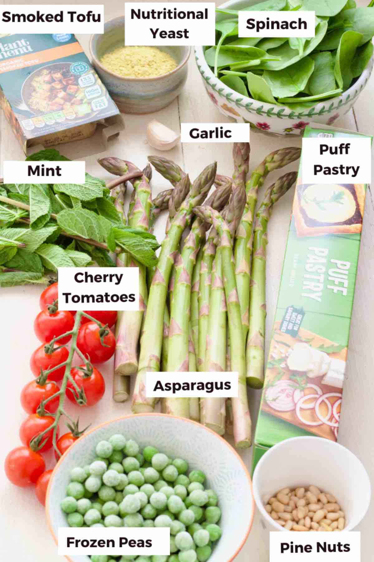 Ingredients for making asparagus tart.