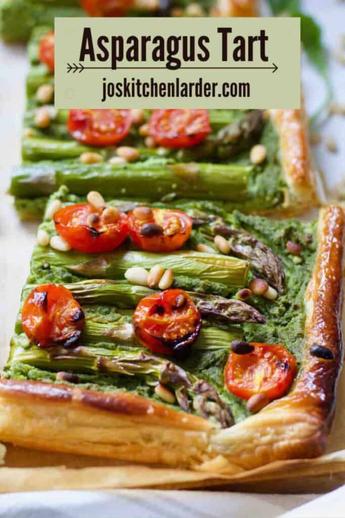 Square portion of asparagus tart close up.