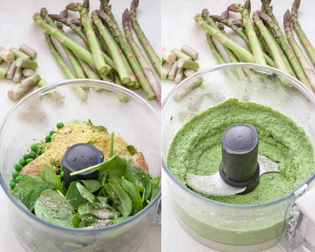 Trimmed asparagus and tofu green veg ricotta blended in a food processor.