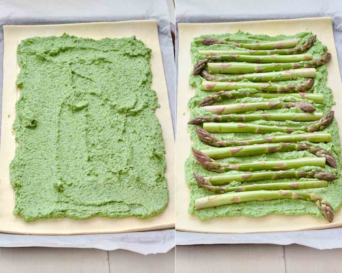 Green veg tofu ricotta layer on puff pastry and asparagus spears on top.
