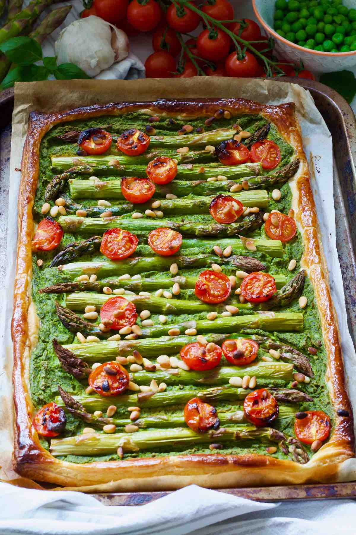 Full asparagus tart straight out of the oven.