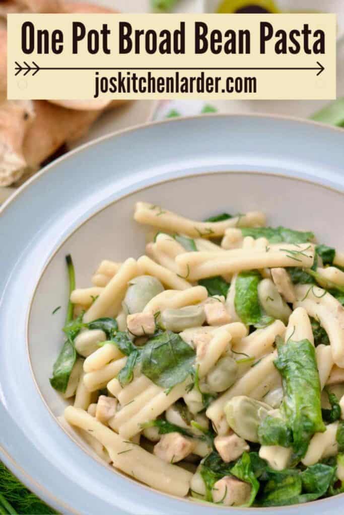Close up of broad bean pasta in a bowl.