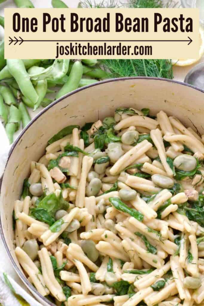 Pot with broad bean pasta with some ingredients around the pot.