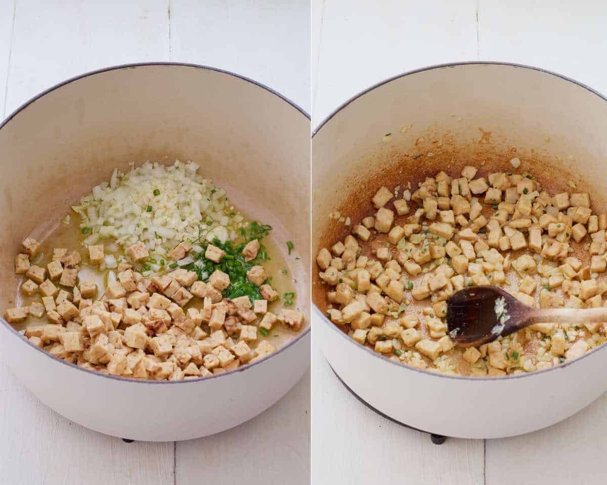 Onion, garlic and tempeh before and after sautéing.