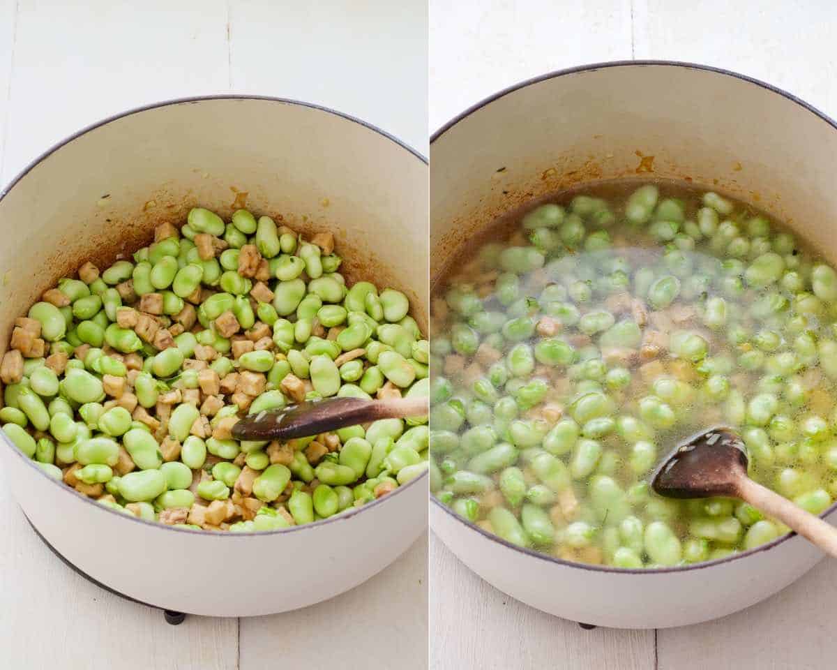 Broad beans and water added to the pot with tempeh.