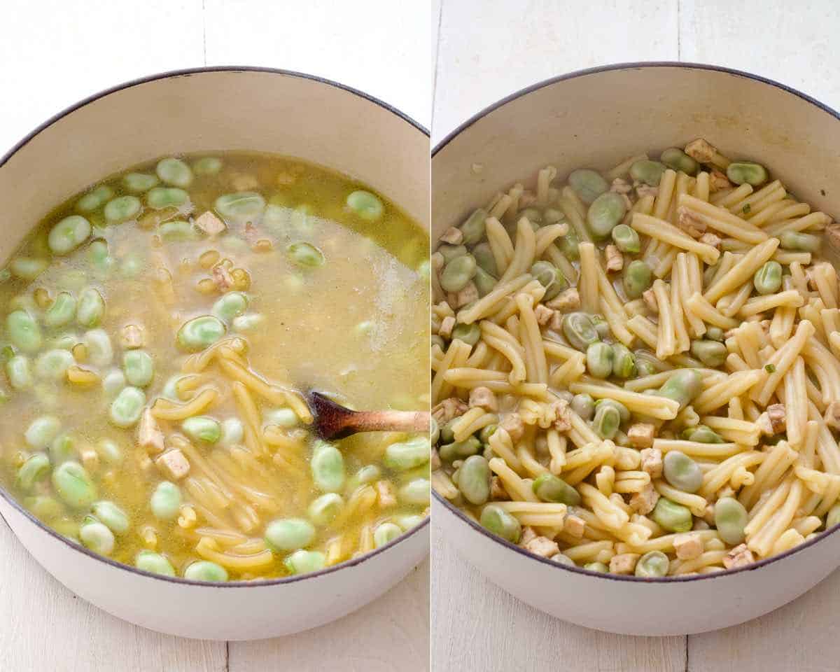 Pot with uncooked pasta added in and pasta after cooking.