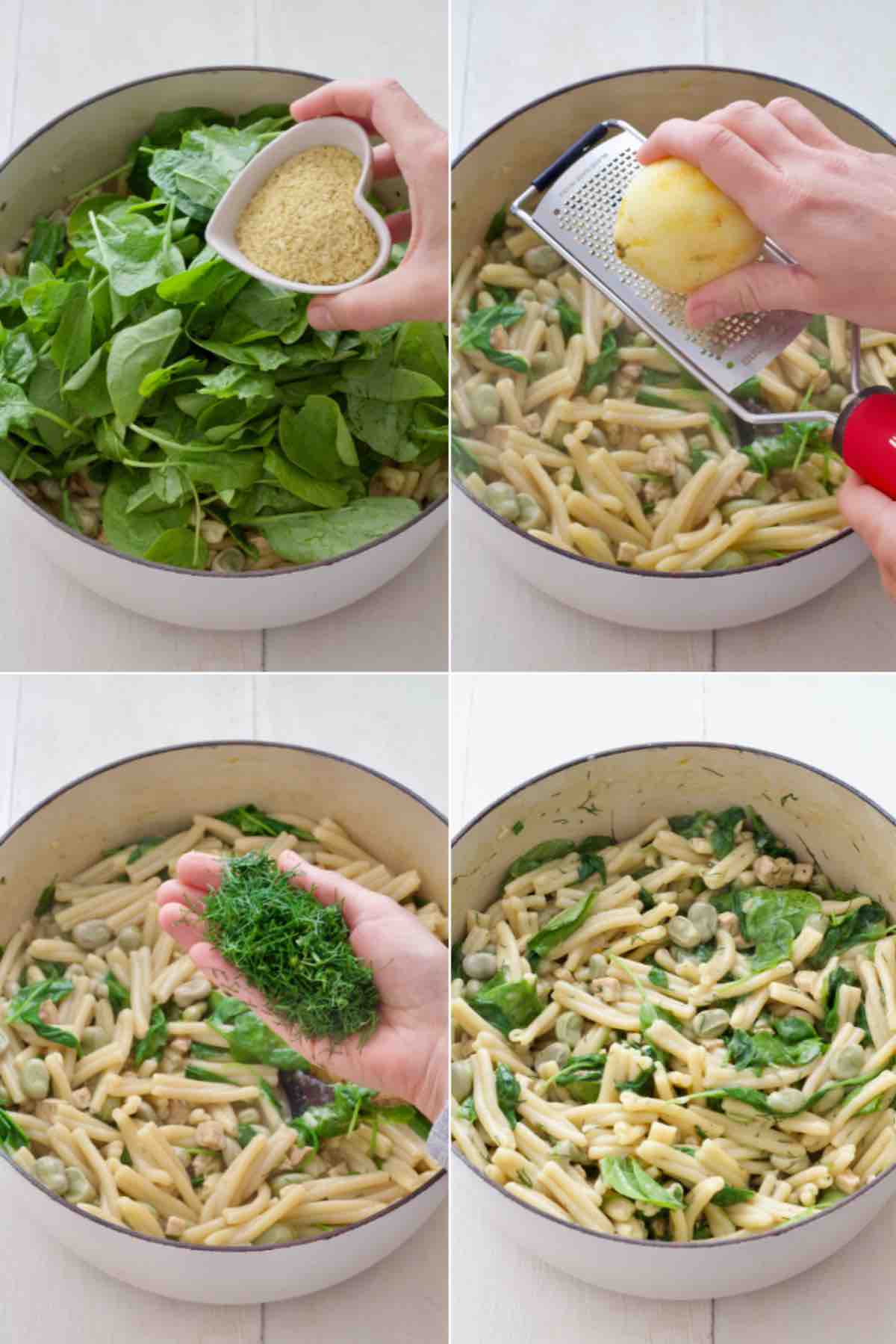 Adding last bits of flavour to broad bean pasta.