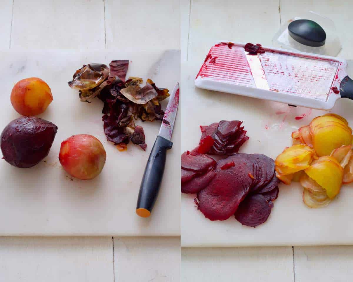 Beetroot peeled after roasting and thinly sliced on mandoline.