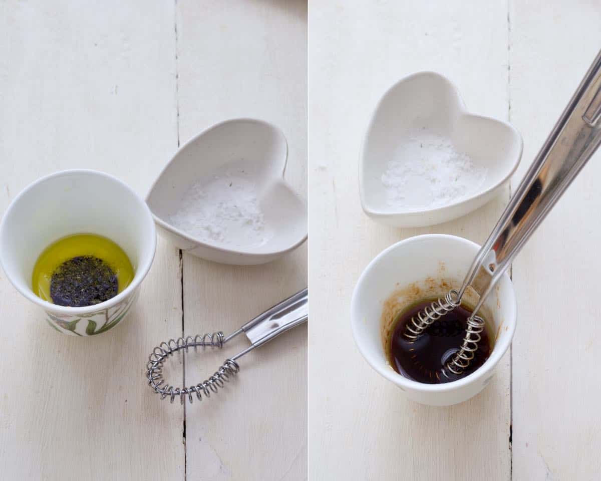 Olive oil and balsamic vinegar being mixed with salt in a little bowl.