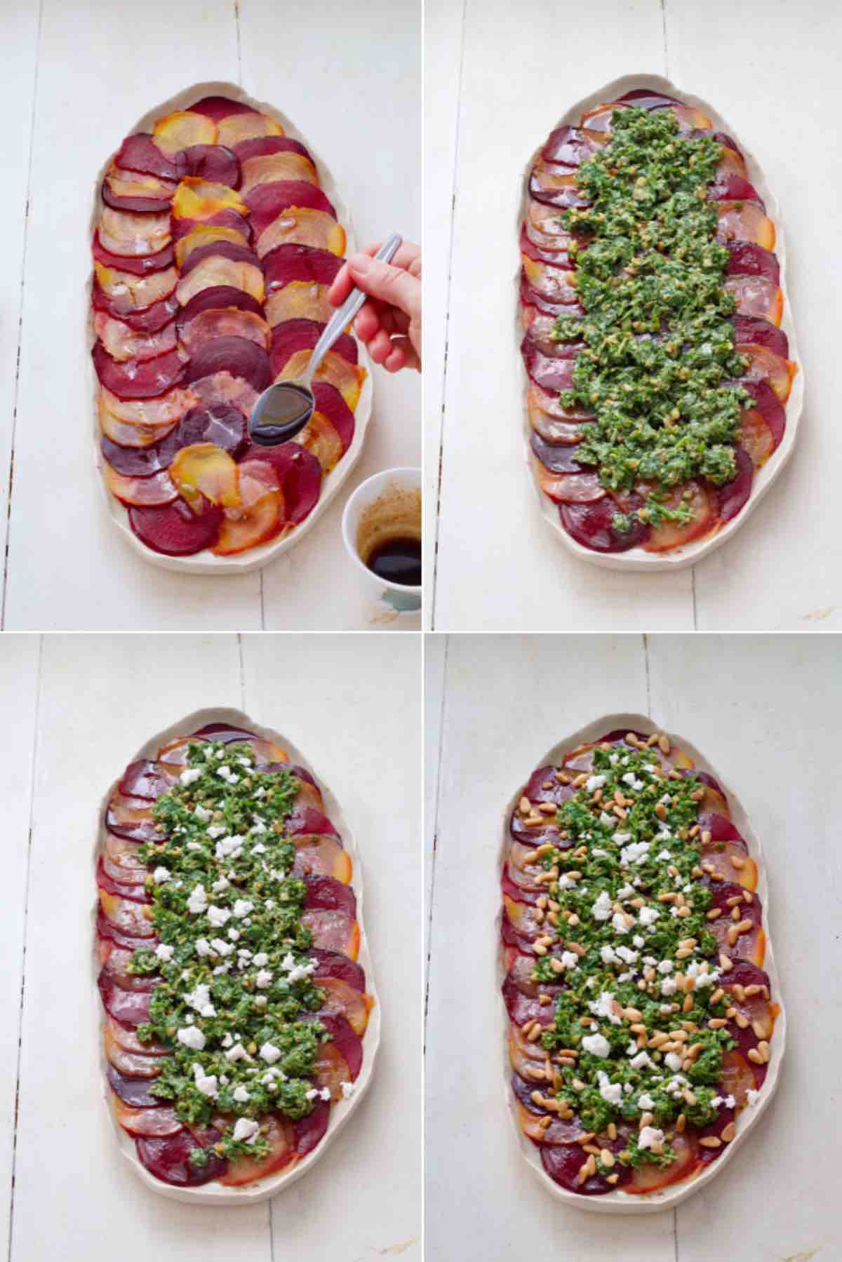 Beetroot carpaccio assembly process.