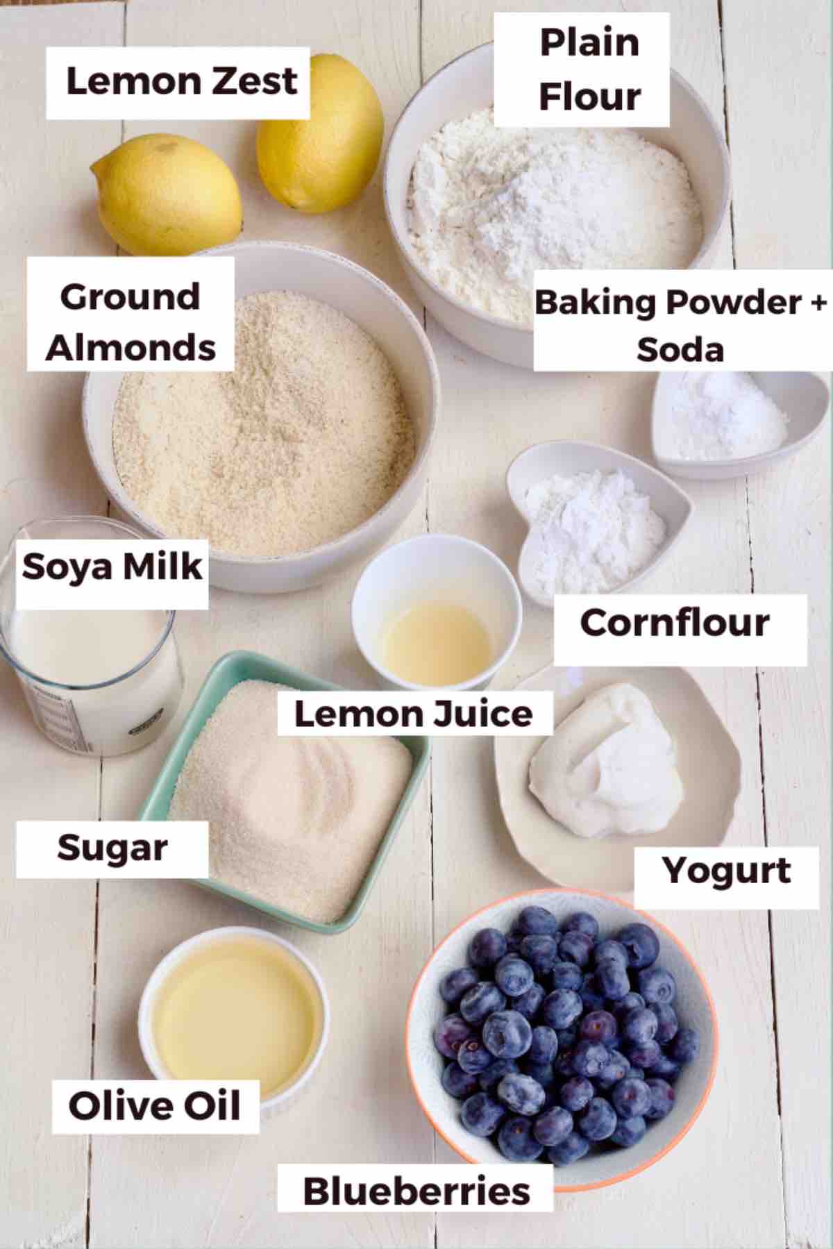 Ingredients for making lemon and blueberry loaf cake.