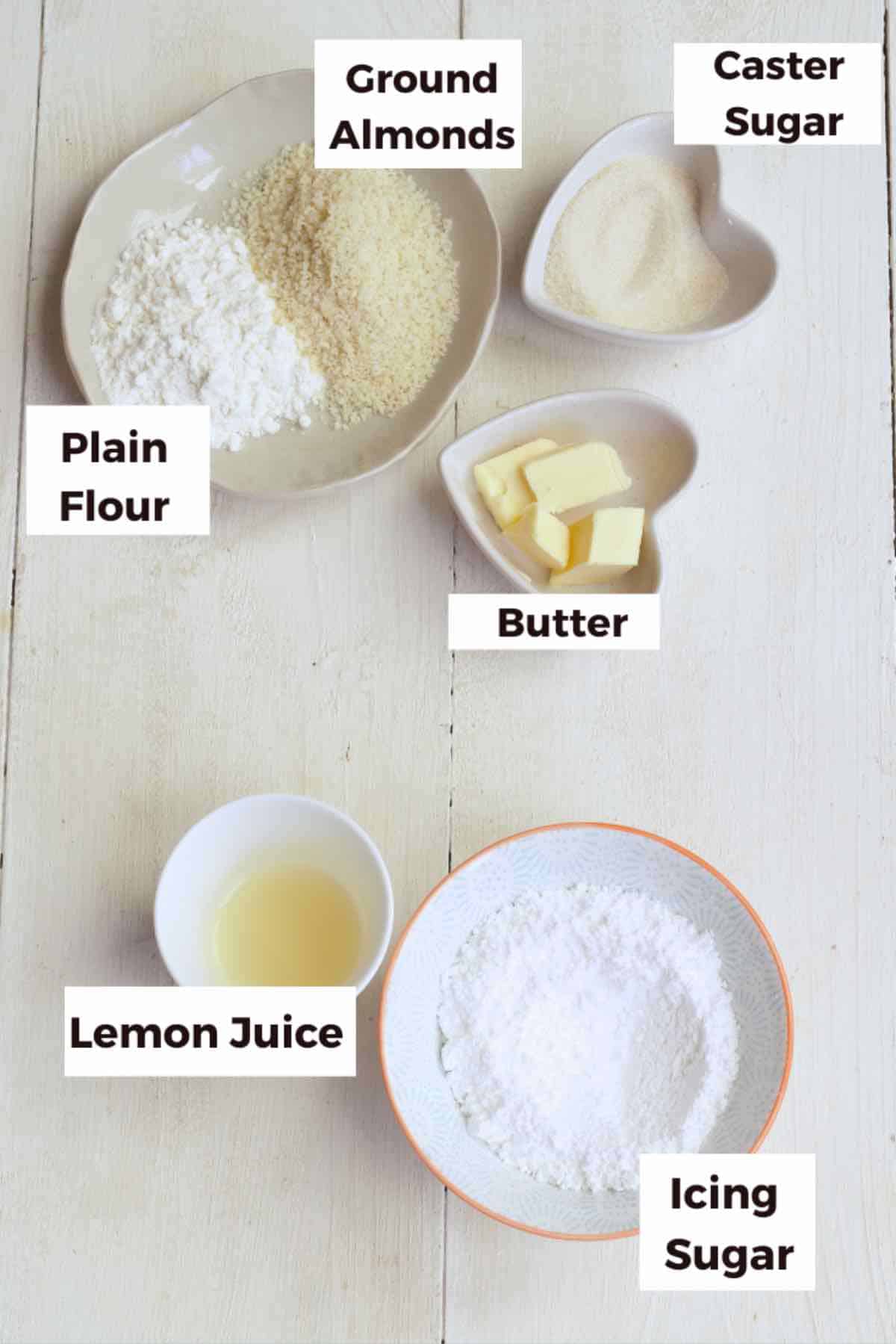 Ingredients for making crumble topping and lemon icing.