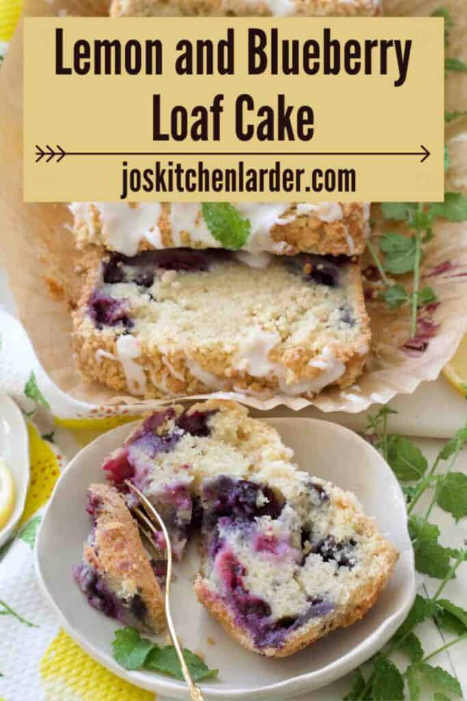 Bird view of slice of lemon and blueberry loaf cake on a plate and extra slices.