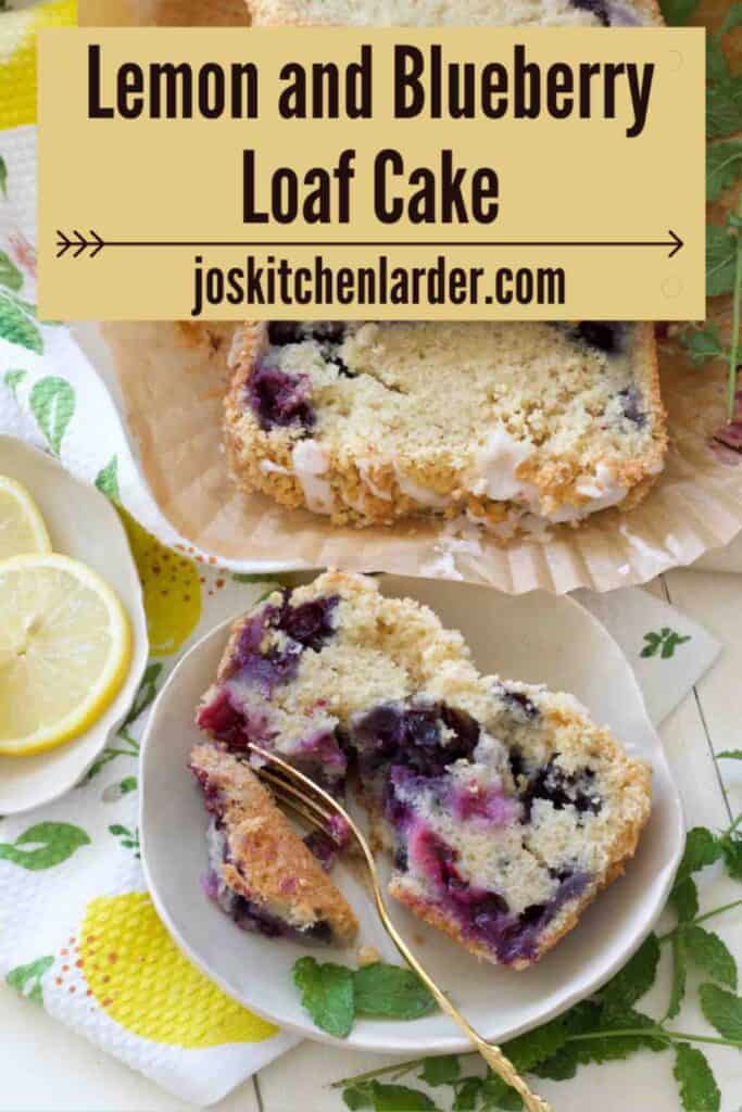 Bird view of slice of lemon and blueberry loaf cake on a plate and extra slices.