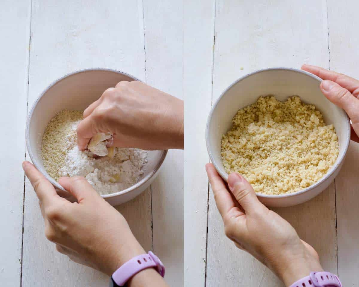 Making crumble by hand in a small bowl.