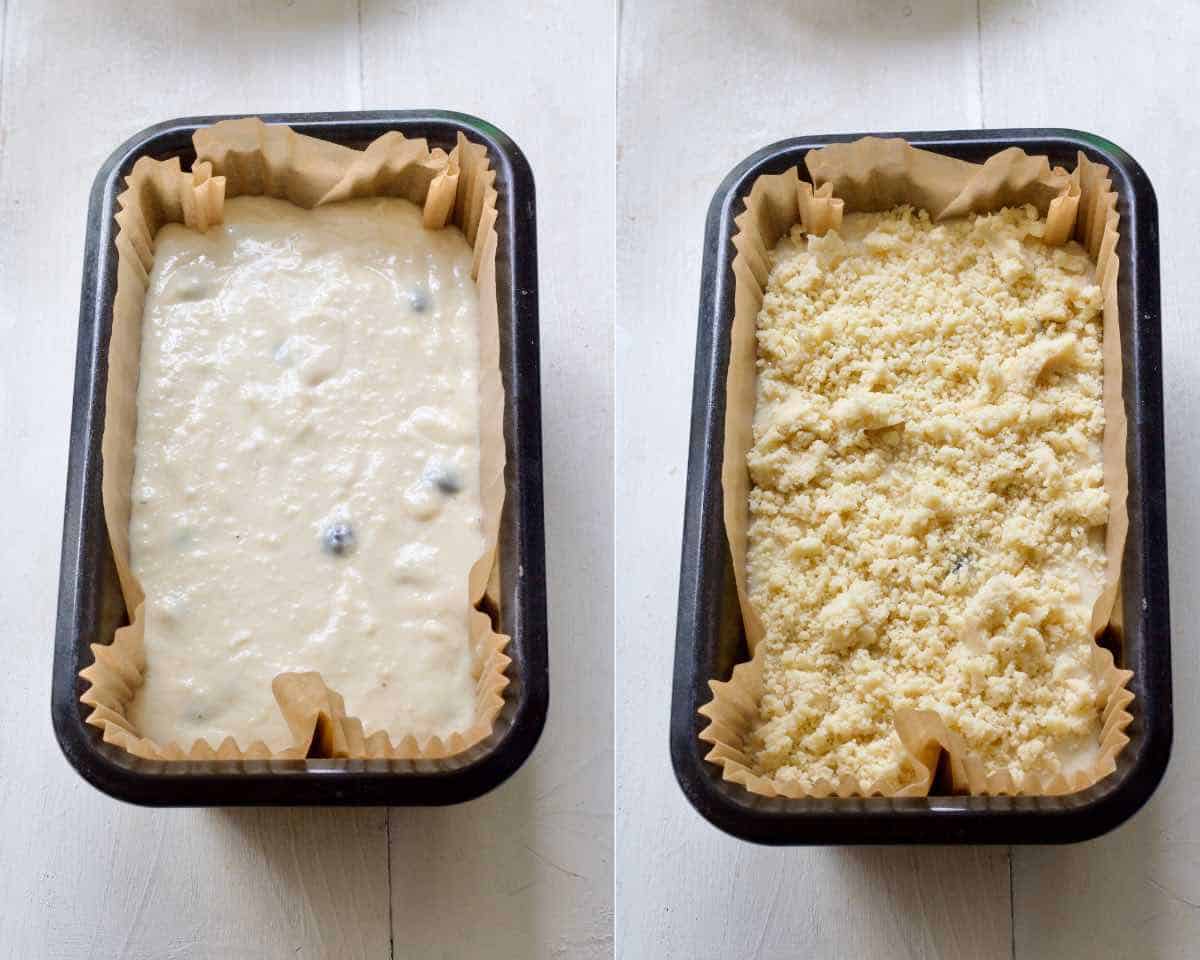 Cake ready for baking without and with crumble topping.