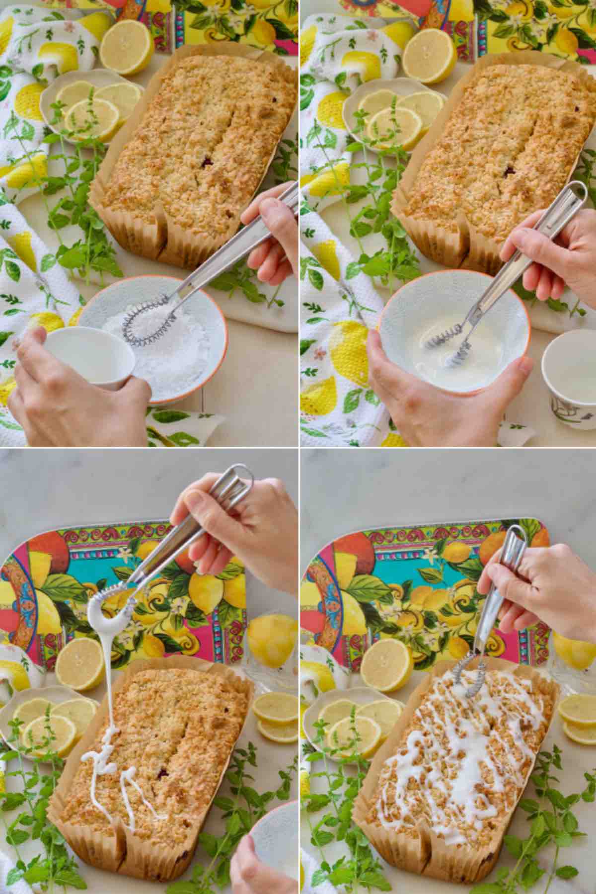 Making lemon icing and icing the cake.