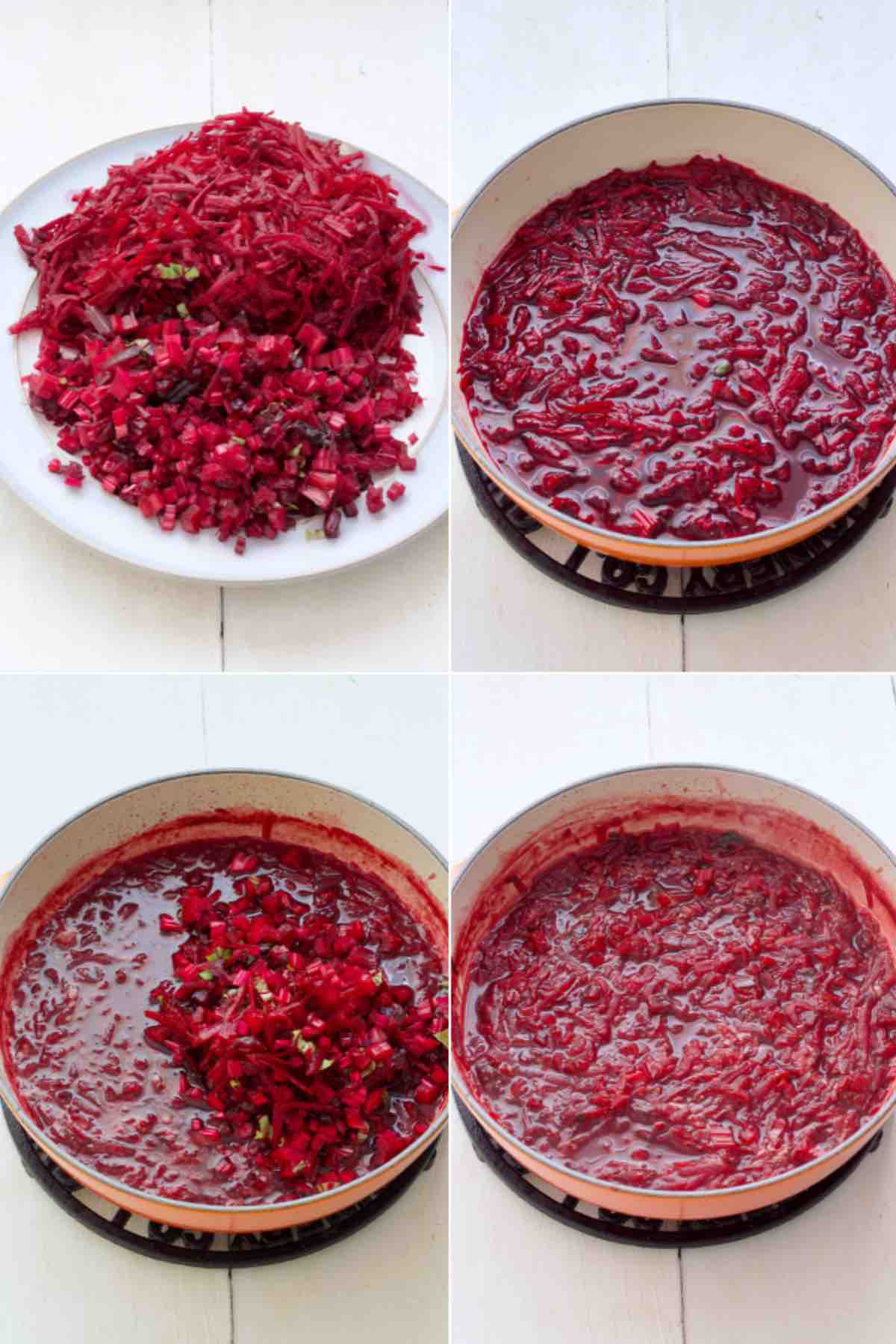 Process of cooking grated beets and their stalks.