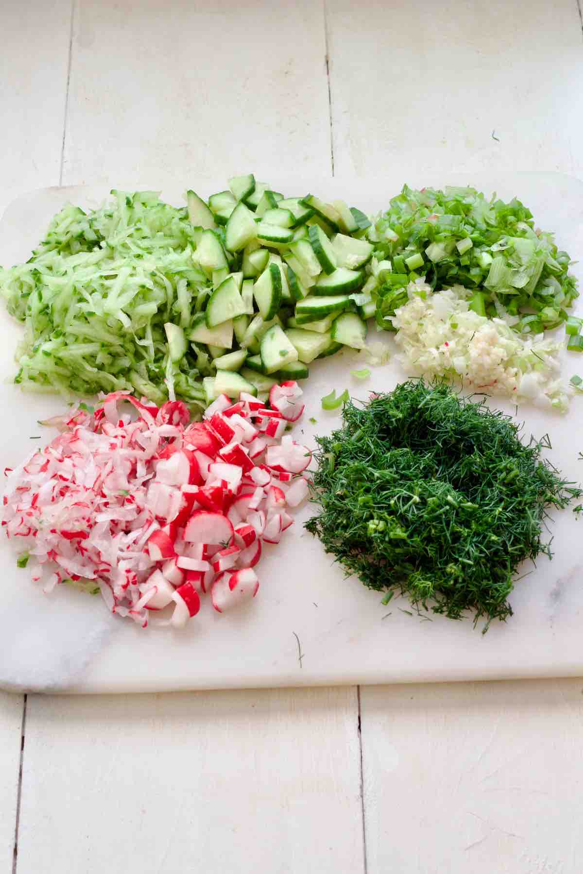 Cucumber, radishes, green onion, garlic and herbs chopped and ready.