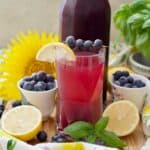 Diluted blueberry cordial drink in a glass garnished with blueberries and lemon.