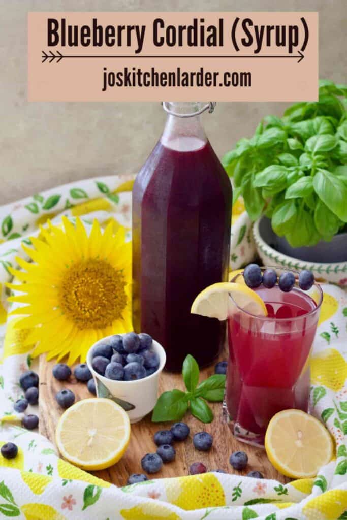 Bottle of blueberry syrup, diluted blueberry drink in a glass, garnishes.
