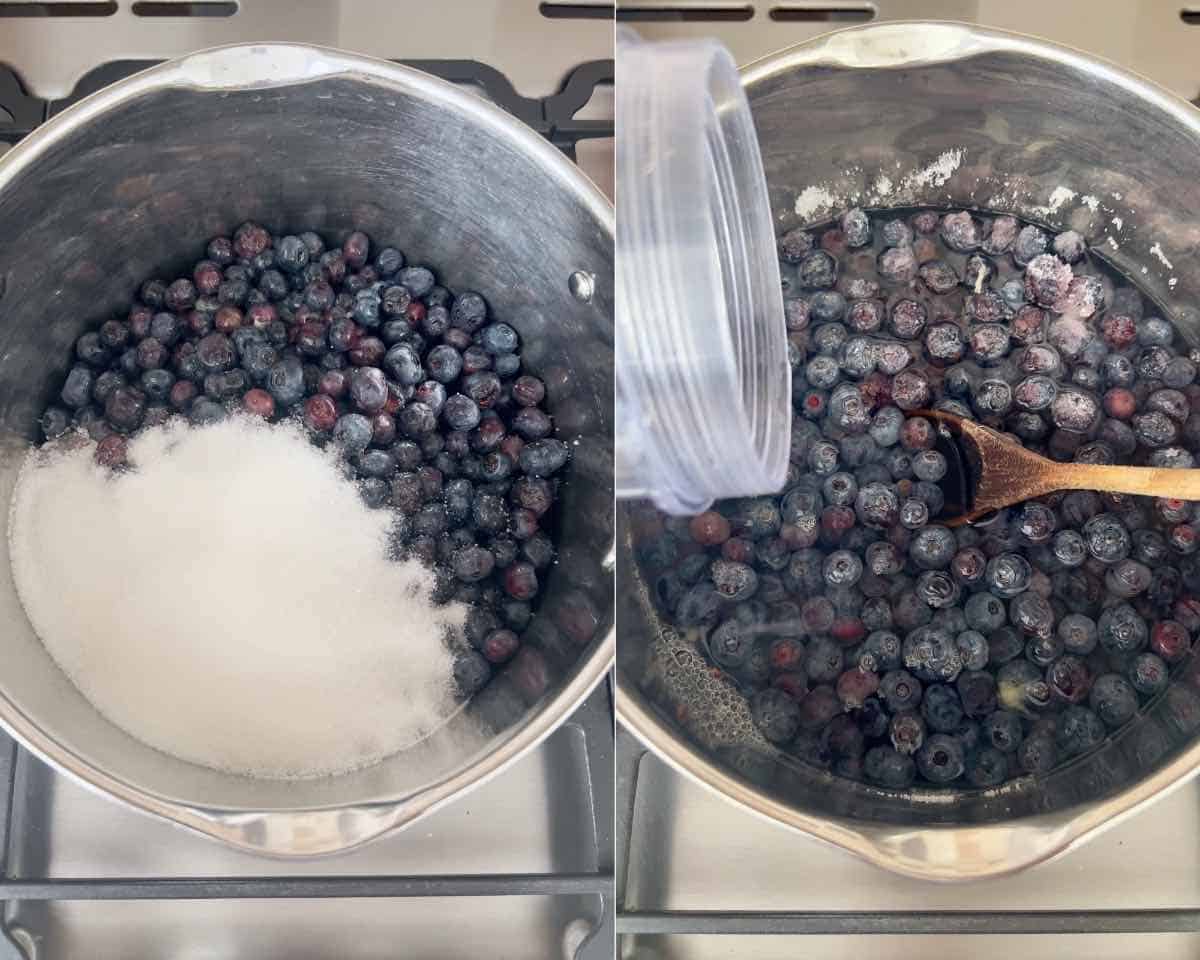 Adding blueberries , sugar, lemon juice and water to a large pan.