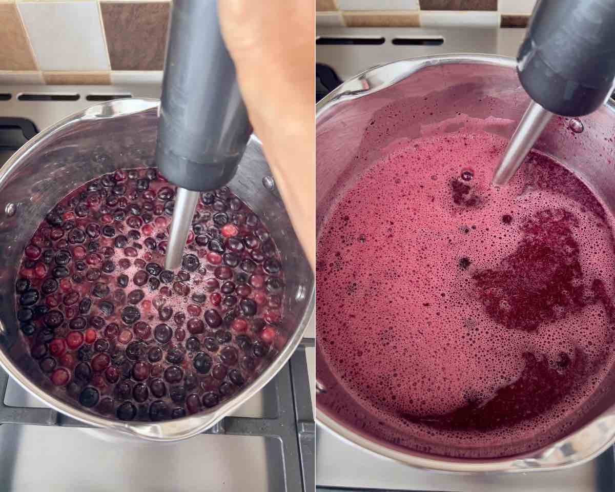 Pureeing cordial mixture with stick blender.