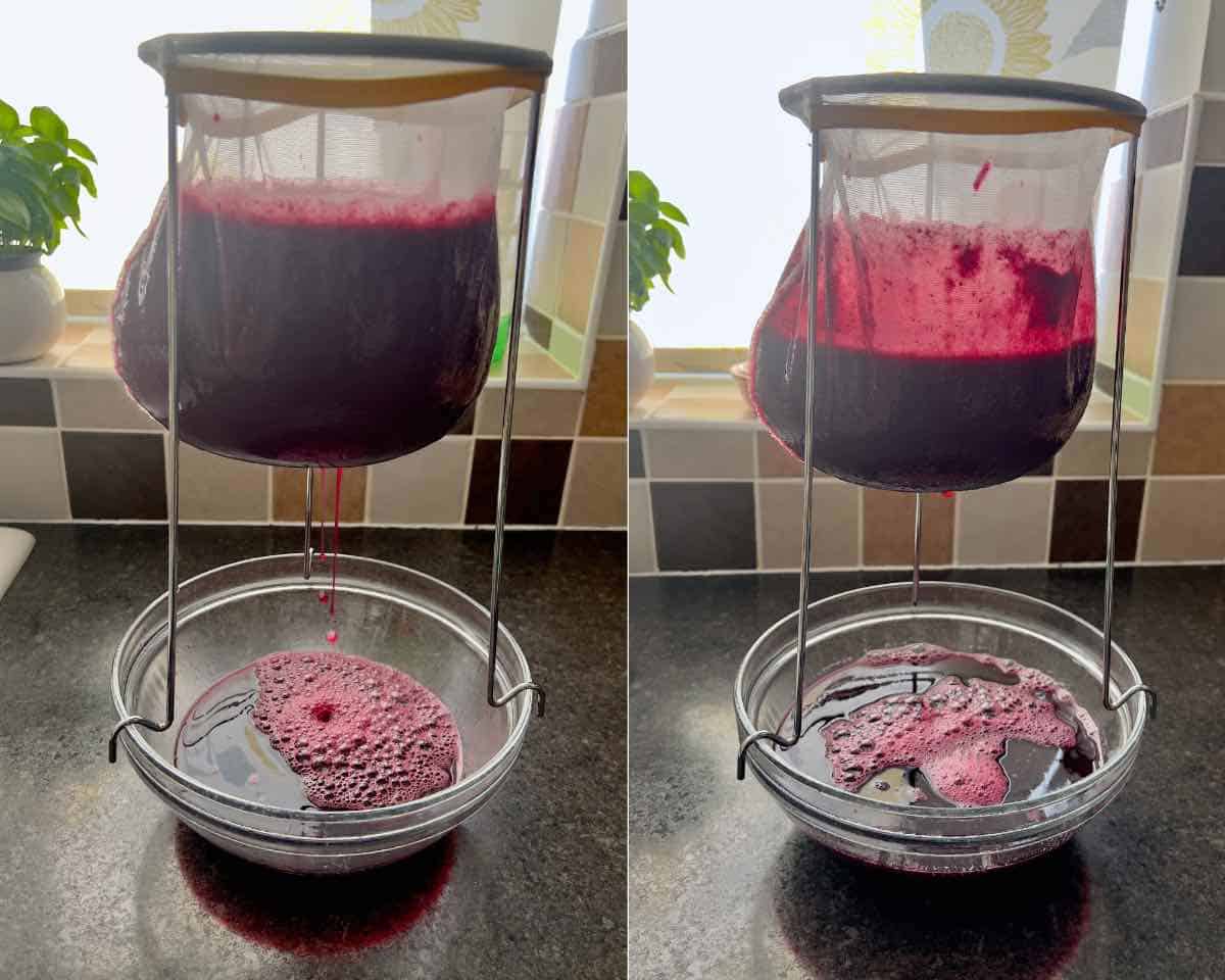 Process of straining the cordial through jelly bag suspended over glass bowl.
