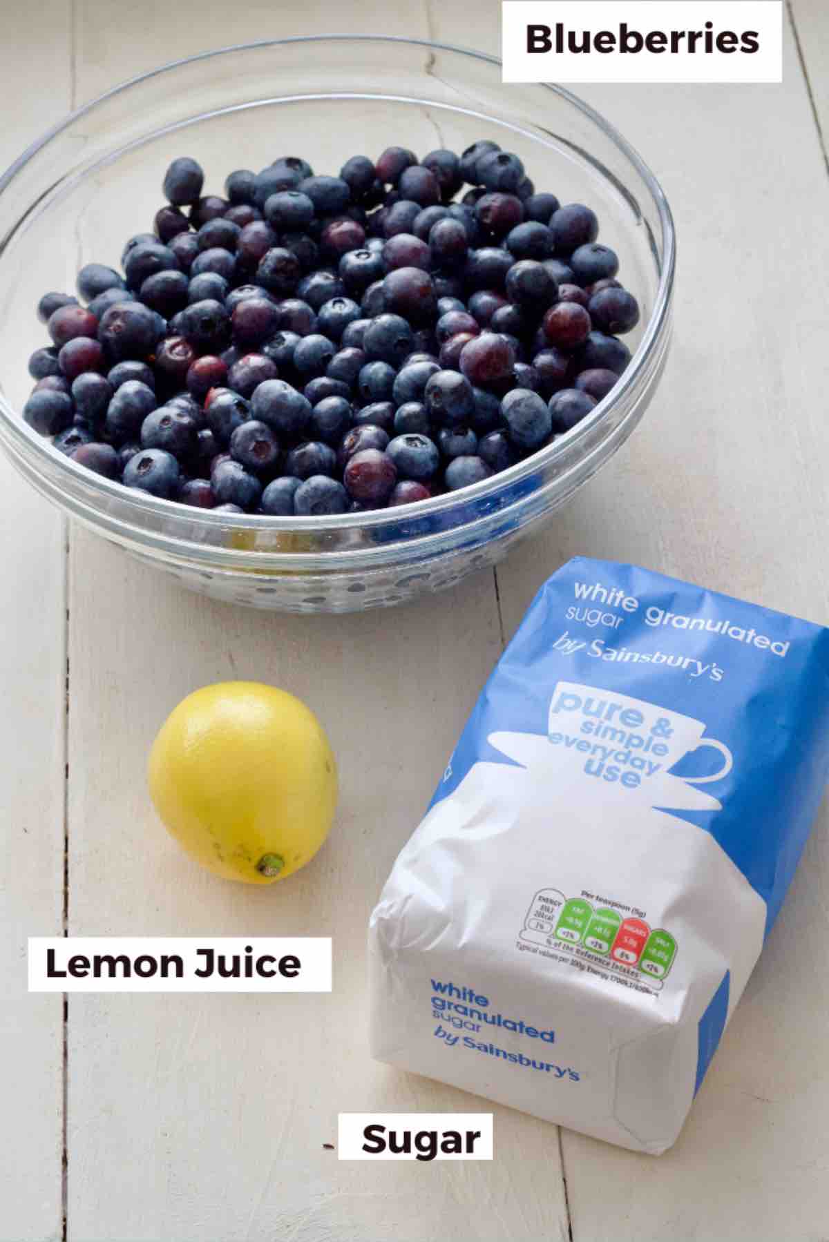 Ingredients for making blueberry jam.
