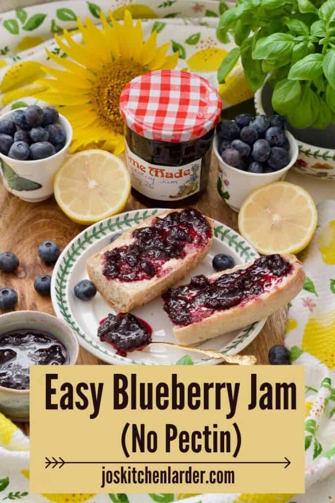 Breakfast display with 2 baguette pieces topped with blueberry jam.