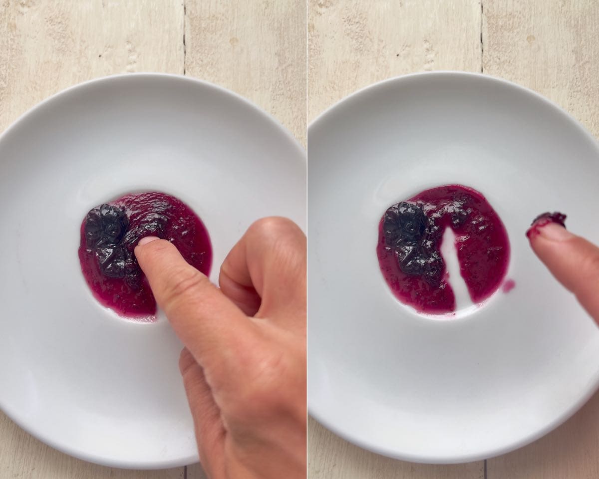 Jam wrinkle test on a saucer by pushing it with a finger.