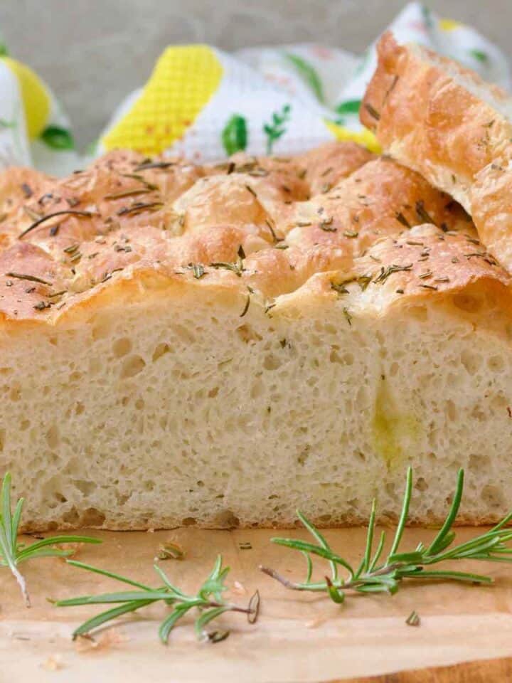 Easy no-knead focaccia cut open to show off the crumb.