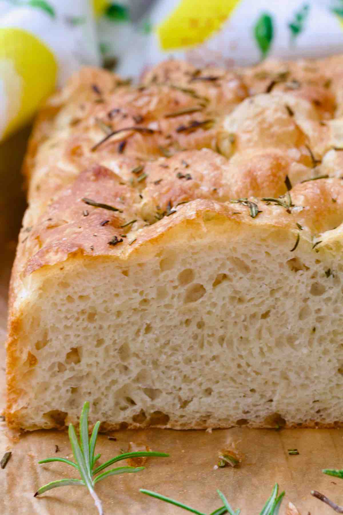 Close up of cross-section of baked focaccia.